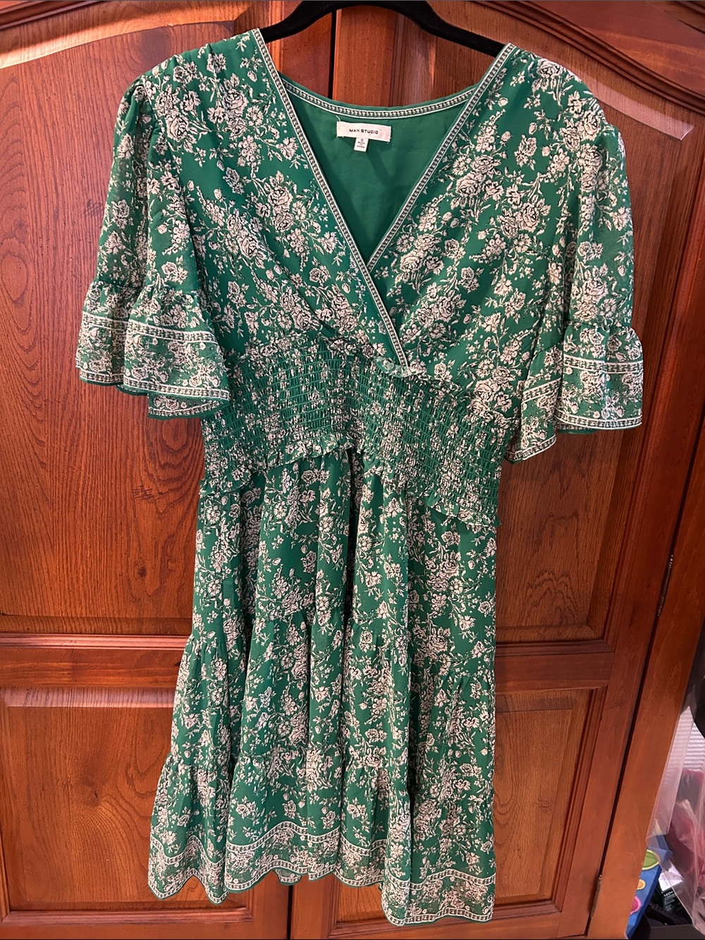 Green Floral Smocked-Waist Dress